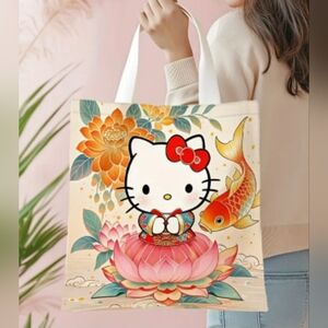 Hello Kitty Floral Tote Bag With A Lotus Flower & Koi Fish- Multicolor